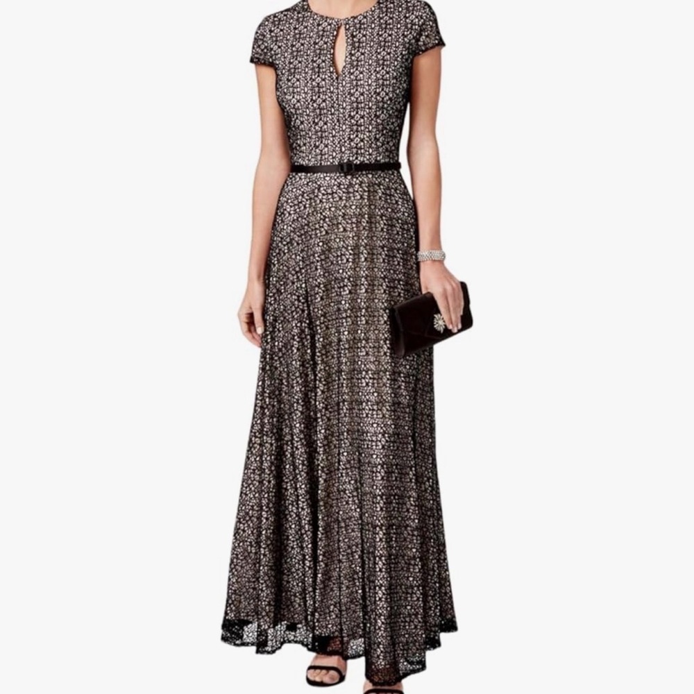 Alex Evenings A-Line Belted Special Occassion Dress‎ Size 12 Black Nude